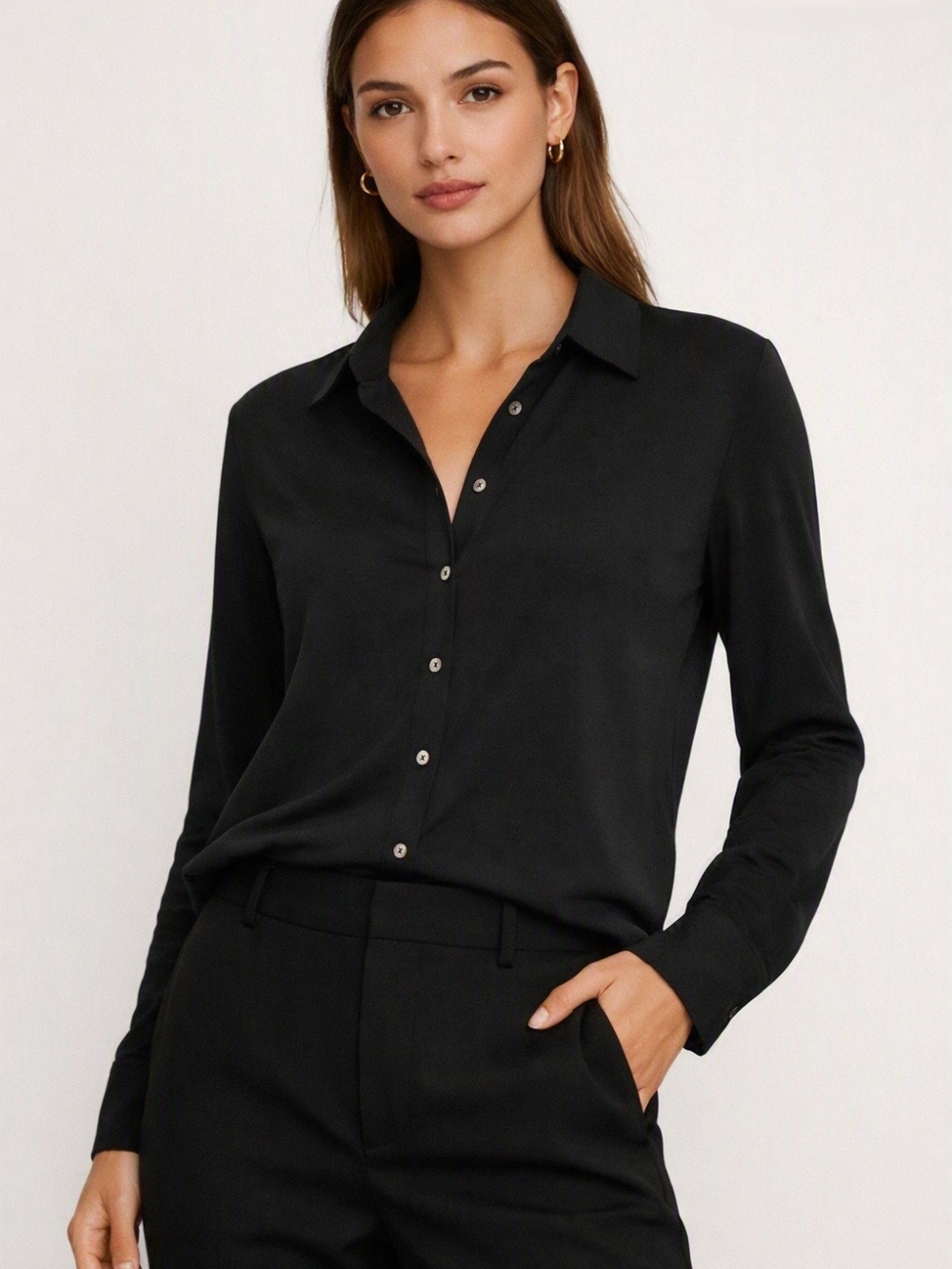 Wilfred XS Black Tencel Lyocell Button Front Long Sleeve Top